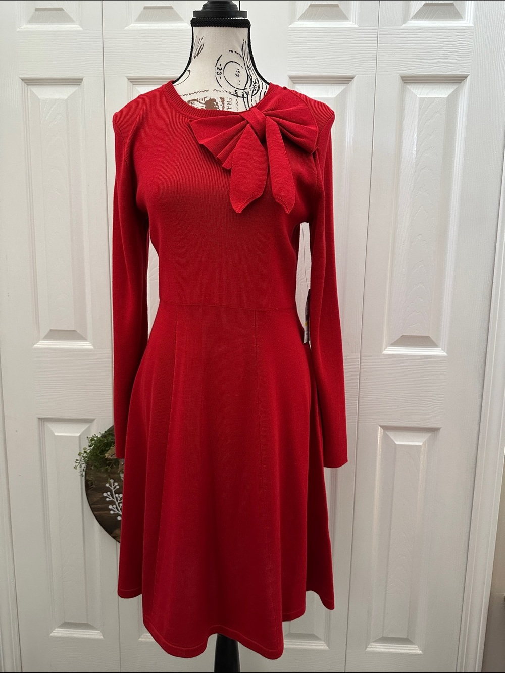NWT Jessica Howard Red Bow-Accent Knit Dress Sz M